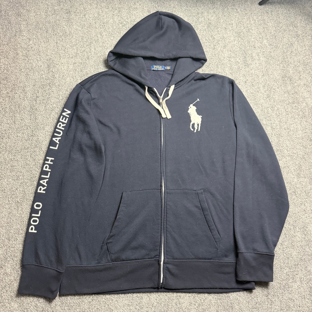 Polo Ralph Lauren Men Big Pony Full Zip Hoodie Navy Blue XL Sleeve Logo Sweater